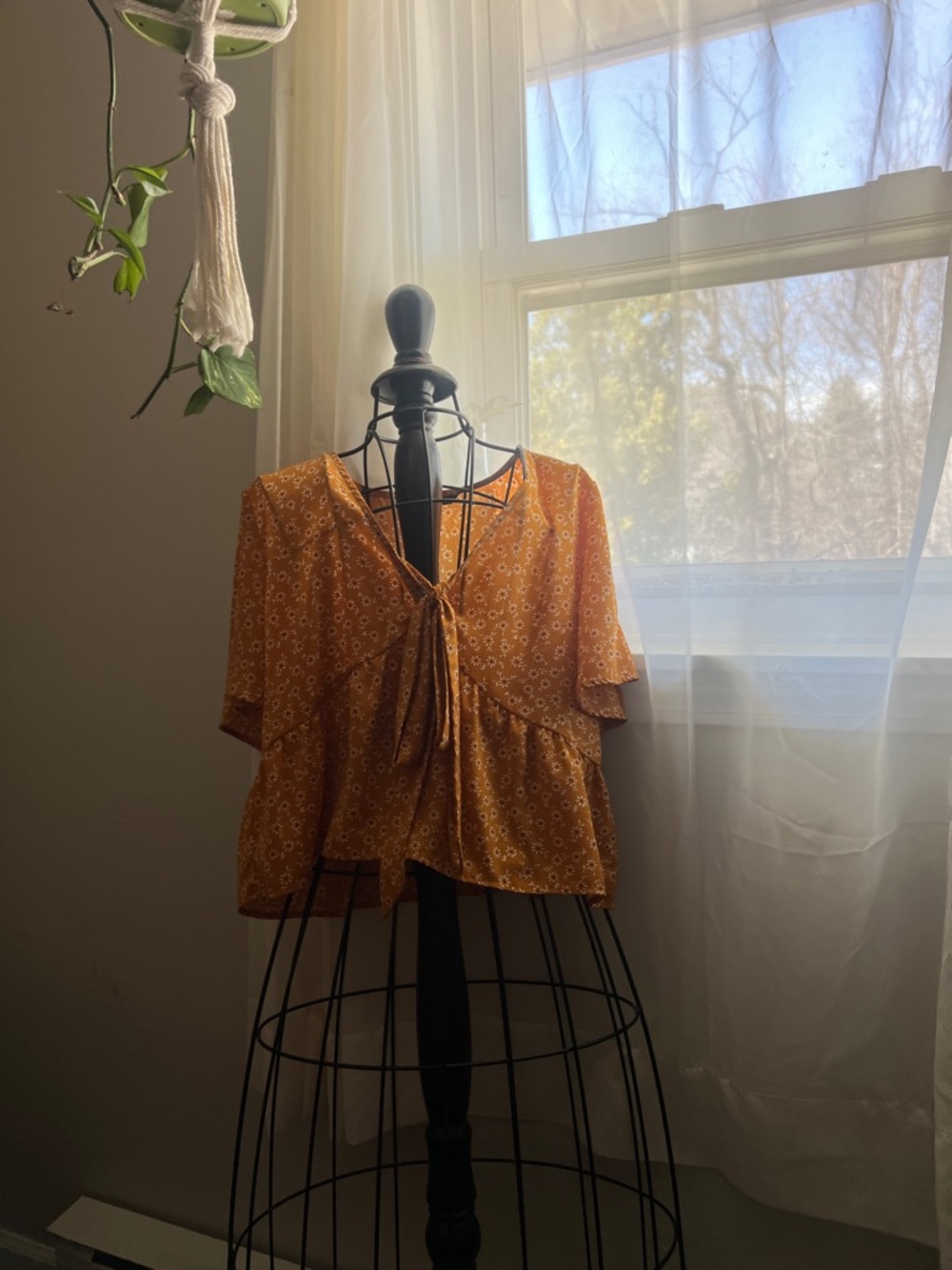 SHEIN Mustard Floral Tie-Front Top